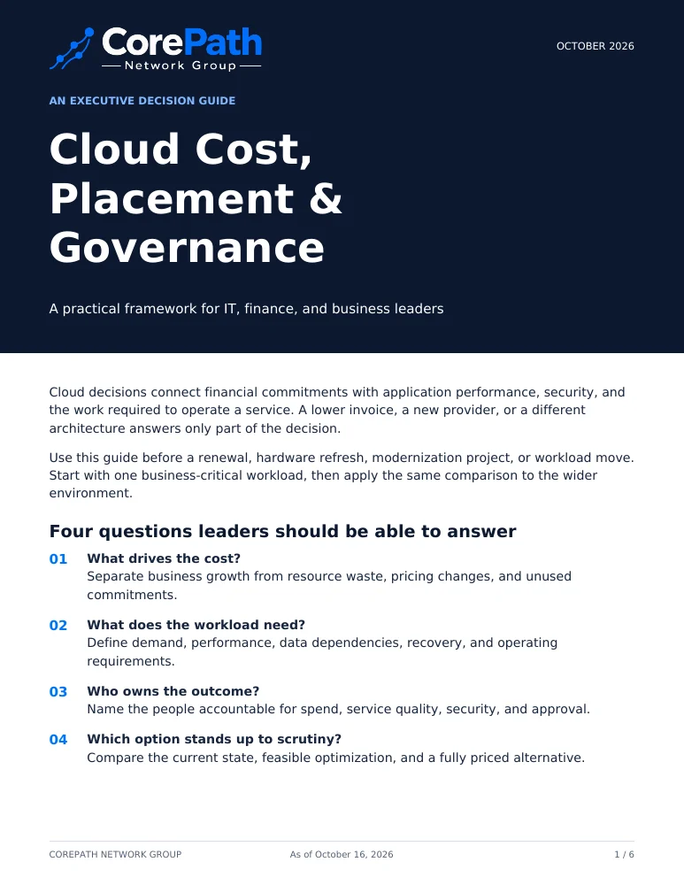 Preview of the executive guide’s first page: four questions for cloud cost, workload fit, ownership, and option comparison